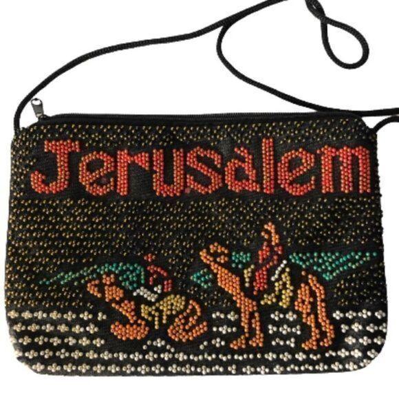 Jerusalem Beaded bag, Camel, Desert, Lightweight Zip closure, rope strap - Picture 2 of 3